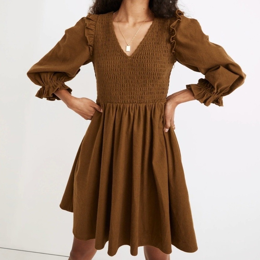 Madewell Flannel Lucie V-Neck Smocked Mini Dress Weathered Olive Women's Small